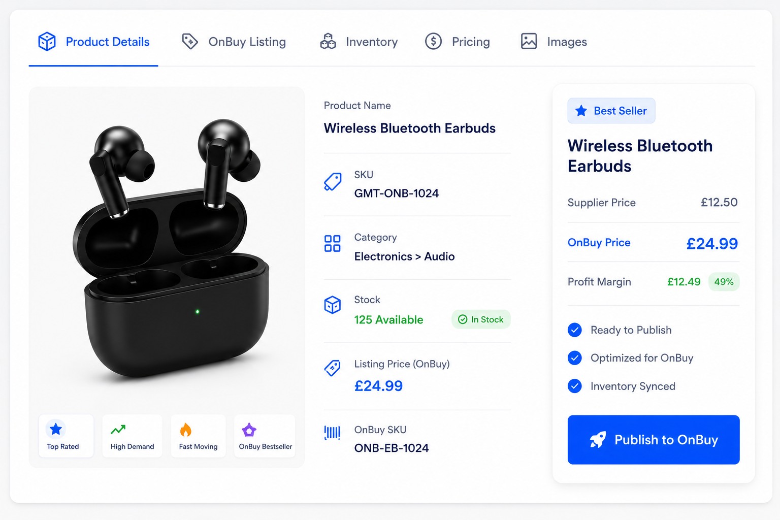 GetMyTracks product listing dashboard showing wireless Bluetooth earbuds optimized and ready to publish to OnBuy with pricing and profit margin