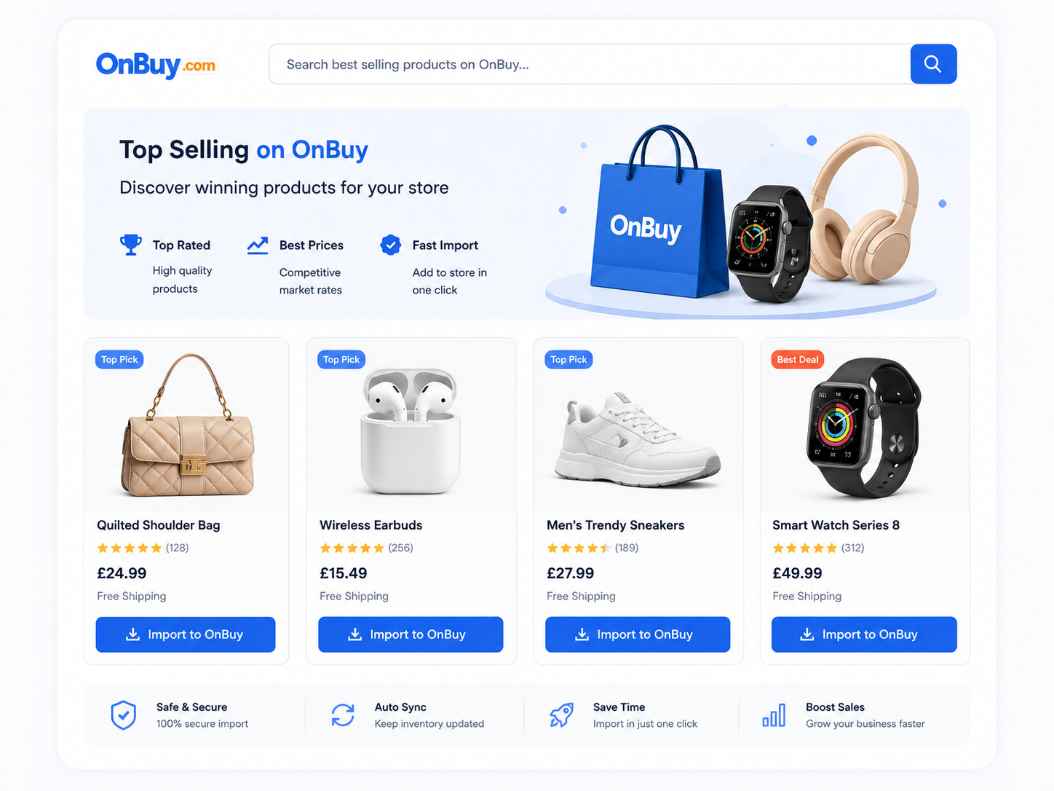 OnBuy dropshipping order management table showing product titles quantities and prices in GetMyTracks