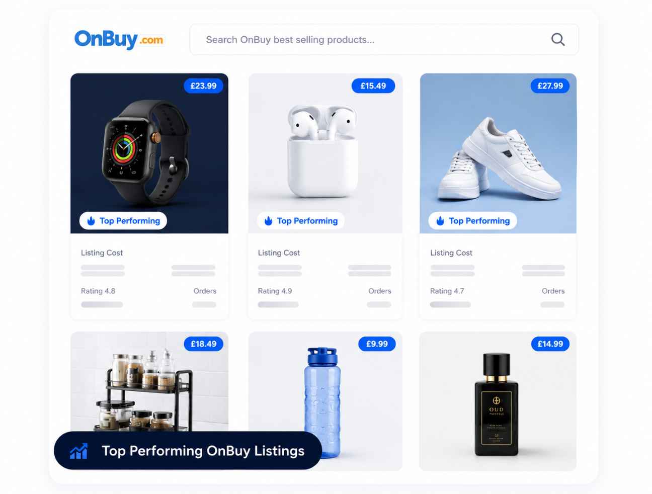 OnBuy dropshipping product import tool showing top selling products with one click import button