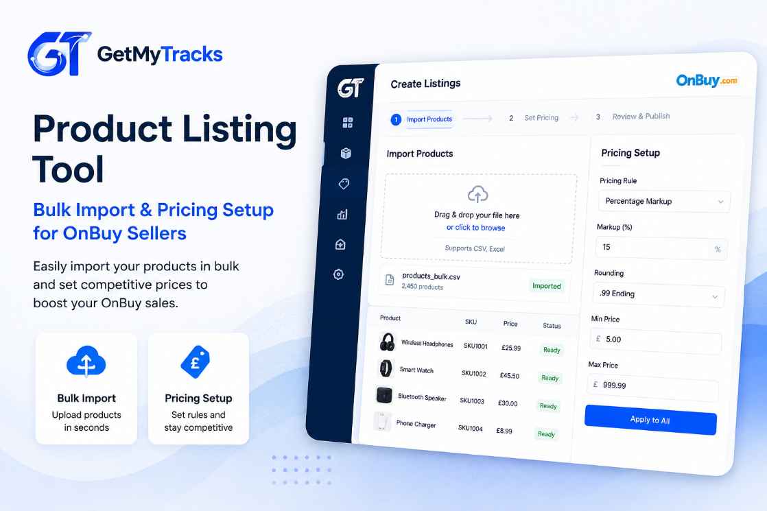 GetMyTracks product listing tool showing bulk import and pricing setup for OnBuy sellers