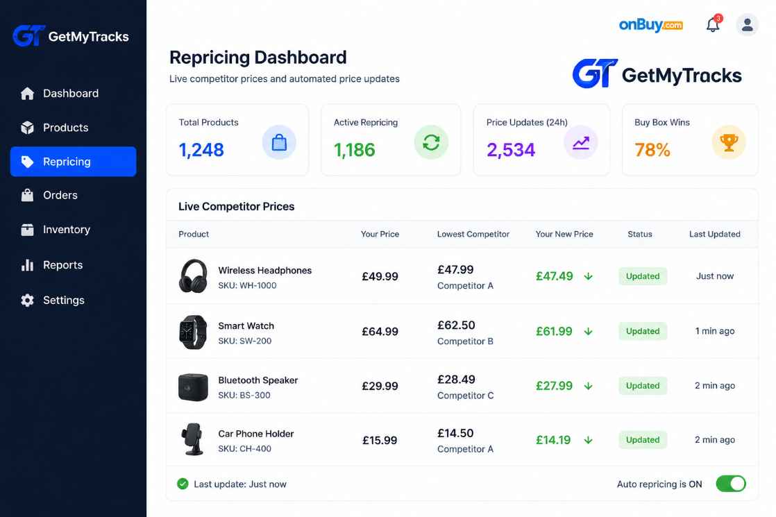 OnBuy repricing dashboard showing live competitor prices and automated price updates